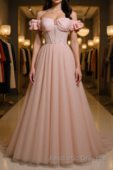 Pink tulle off shoulder long Evening Prom Dresses, pink tulle formal Dresses