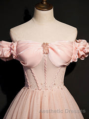Pink tulle off shoulder long Evening Prom Dresses, pink tulle formal Dresses
