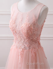 Pink Tulle Round Lace Applique Long Formal Dresses, Pink Tulle Junior Evening Prom Dresses Party Dresses
