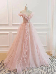 Pink Tulle Ruffles Off The Shoulder Long Evening Prom Dresses