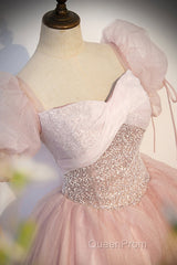 Pink Tulle Sequins Long Evening Prom Dresses, Lovely A-Line Short Sleeve Evening Party Dresses