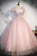 Pink Tulle Sequins Long Evening Prom Dresses, Lovely A-Line Short Sleeve Evening Party Dresses