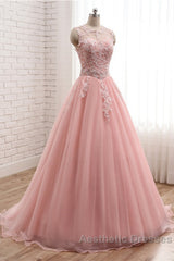 Pink Tulle With Lace Applique Ball Gown Open Back Evening Gown, Pink Formal Dresses