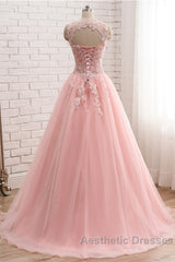 Pink Tulle With Lace Applique Ball Gown Open Back Evening Gown, Pink Formal Dresses