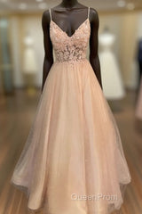Pink Tulle With Lace Applique Beaded V-Neckline Evening Prom Dresses, Pink Long Party Dresses