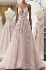 Pink Tulle With Lace Applique Low Back Evening Prom Dresses, Pink A-Line Tulle Party Dresses