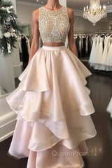 Pink Two Pieces Beaded Long Evening Prom Dresses, Pink Evening Dresses