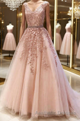 Pink V Neck Long Lace Evening Prom Dresses, Pink V Neck Long Lace Formal Evening Dresses