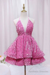 Pink V-Neck Sequins Short Prom Dress, Pink A-Line Backless Party Dress