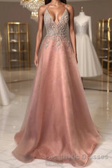 Pink v neck tulle beads long Evening Prom Dresses pink evening Dresses