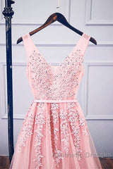 Pink V Neck Tulle Lace Applique Long Evening Prom Dresses, Pink Bridesmaid Dresses