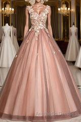 Pink v neck tulle lace long Evening Prom Dresses pink tulle formal Dresses