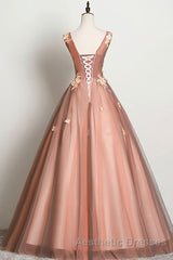 Pink v neck tulle lace long Evening Prom Dresses pink tulle formal Dresses