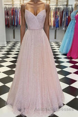 Pink v neck tulle sequin long Evening Prom Dresses pink tulle formal Dresses