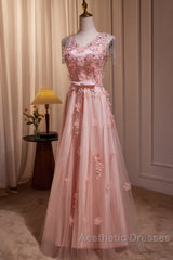 Pink V-Neckline Tulle Beaded With Lace Applique Evening Prom Dresses, Pink Party Dresses