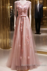 Pink V-Neckline Tulle Beaded With Lace Applique Evening Prom Dresses, Pink Party Dresses