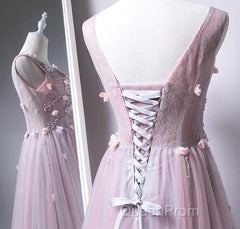 Pink V-Neckline Tulle With Flowers Beaded Long Party Dresses, Junior Evening Prom Dresses
