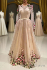 A Line Tulle Long Evening Prom Dresses with Flowers, Pink Long Sleeves Party Dresses with Beading