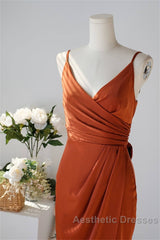 Pleated Pumpkin Sheath Bridesmaid Dresses With Belt