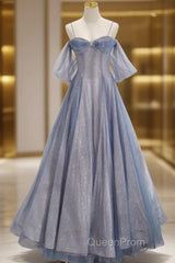 Pretty A Line Off The Shoulder Blue Sequin Tulle Long Length Evening Dresses Evening Prom Dresses