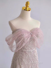 Pretty A Line Off The Shoulder Pink Sequin Long Evening Party Dresses Evening Prom Dresses With Beads