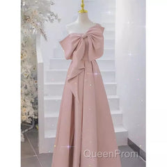 Pretty A Line One Shoulder Pink Satin Long Evening Party Dresses Evening Prom Dresses With Bowknot