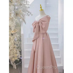 Pretty A Line One Shoulder Pink Satin Long Evening Party Dresses Evening Prom Dresses With Bowknot