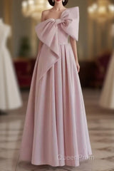 Pretty A Line One Shoulder Pink Satin Long Evening Party Dresses Evening Prom Dresses With Bowknot