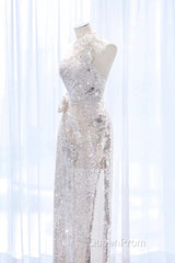 Pretty A Line One Shoulder Silver Sequin Long Length Evening Dresses Evening Prom Dresses