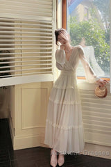 Pretty A Line V Neckline Long Sleeves Chiffon White Ankle Length Evening Dresses Evening Prom Dresses