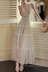 Pretty A Line V Neckline Long Sleeves Chiffon White Ankle Length Evening Dresses Evening Prom Dresses