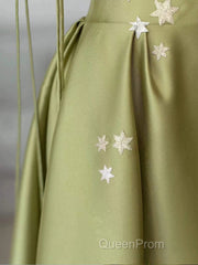 Pretty Ball Gown Straps Sage Green Satin Long Length Evening Dresses Evening Prom Dresses