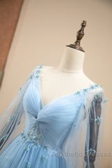Pretty Light Blue A-Line Puffy Sleeves Party Dresses, Light Blue Evening Dresses Evening Prom Dresses