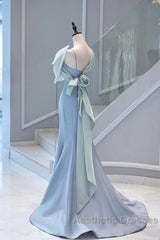 Pretty Mermaid Blue Satin Long Evening Dresses Evening Prom Dresses