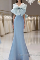 Pretty Mermaid Blue Satin Long Evening Dresses Evening Prom Dresses