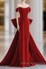 Pretty Mermaid Off The Shoulder Burgundy Satin Long Evening Dresses Evening Prom Dresses