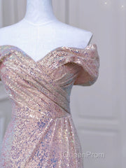 Pretty Mermaid Off The Shoulder Pink Sequin Long Evening Dresses Evening Prom Dresses