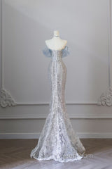 Pretty Mermaid Off The Shoulder Sequin Blue Long Evening Prom Dresses Evening Gowns