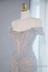 Pretty Mermaid Off The Shoulder Silver Sequin Evening Dresses Evening Prom Dresses