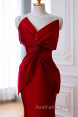 Pretty Mermaid One Shoulder Red Satin Long Evening Dresses Evening Prom Dresses