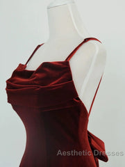Pretty Mermaid Spaghetti Straps Wine Red Velvet Long Evening Dresses Evening Prom Dresses