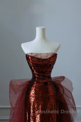 Pretty Mermaid Strapless Sequin Long Burgundy Ruffles Long Evening Prom Dresses Formal Evening Dresses