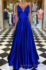 Pretty Royal Blue A-line Spaghetti Straps Evening Prom Dresses, Evening Prom Dresses