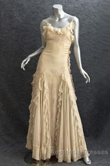 Pretty Sheath Spaghetti Straps Yellow Floor Length Evening Dresses Chiffon Evening Prom Dresses