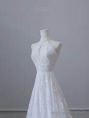 Princess A line High Neckline White Lace Long Wedding Dresses Brides Dress