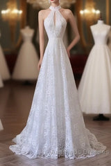 Princess A Line High Neckline White Lace Long Wedding Dresses Brides Dresses