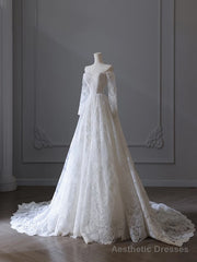 Princess A line Off The Shoulder White Lace Long Wedding Dresses Brides Dress