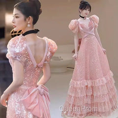 Princess A Line Pink Short Sleeves Sequin Long Evening Prom Dresses