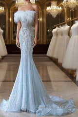 Princess Mermaid Strapless Neckline Long Sequin Light Sky Blue Long Wedding Dresses Brides Dresses