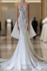 Princess Mermaid Sweetheart White Tulle Long Wedding Dresses Brides Dresses